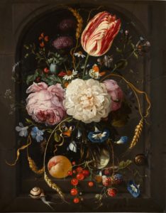 A still life painting of various flowers in a glass vase sitting in a stone niche. A number of insects, including ants and caterpillars, crawl along the petals, while a pair of snails trudge their way along the base and sides of the niche.