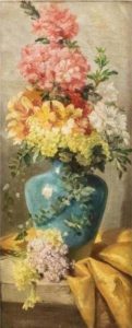 A still-life painting of pink and yellow azalea flowers in a blue vase on a table with a yellow tablecloth