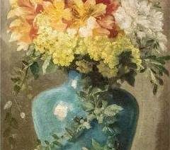 A still-life painting of pink and yellow azalea flowers in a blue vase on a table with a yellow tablecloth