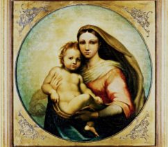 A circular painting of a woman and her son, likely a Madonna and Child, against a plain background. The woman is veiled and dressed in a pink robe, while the infant is completely naked. The painting is fit into a square frame, with decorative, triangular wooden pieces inserted at the edges to make the canvas fit the frame.