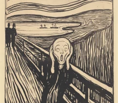 An ink print version of Edvard Munch's The Scream, showing a bald man holding his face with a shocked expression, which is supposed to be a reaction to hearing the "scream of nature".