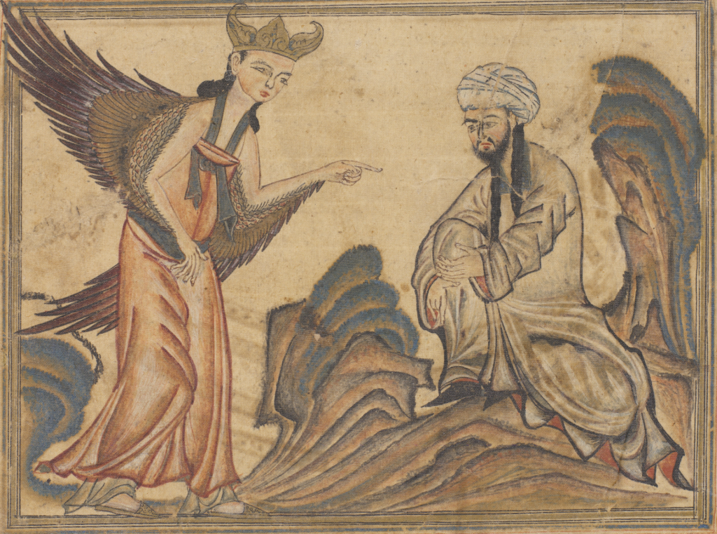 An illustration from around the turn of the 14th century showing a bearded figure wearing a turban, meant to represent the Prophet Muhammad, along with a winged figure in red robes, meant to represent the Archangel Gabriel.