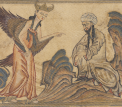 An illustration from around the turn of the 14th century showing a bearded figure wearing a turban, meant to represent the Prophet Muhammad, along with a winged figure in red robes, meant to represent the Archangel Gabriel.