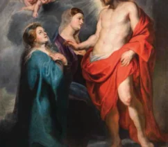 A painting showing Jesus draped in a red robe appearing to his mother Mary, who is kneeling in front of him along with another woman while cherubs peek out from behind a cloud in the upper left-hand corner