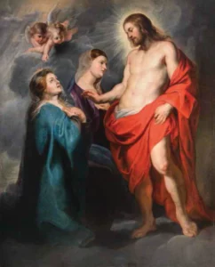 A painting showing Jesus draped in a red robe appearing to his mother Mary, who is kneeling in front of him along with another woman while cherubs peek out from behind a cloud in the upper left-hand corner