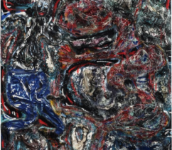 An abstract painting, mainly of red, blue, and black with various abstract figures throughout