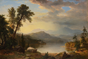 A landscape painting likely in New Hampshire of a lake in the mountains. Storm clouds are passing by off to the right, while the small but still visible outline of a town lays on the opposite side of the water.