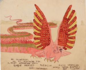 A fantastic, almost mythical creature with the long, slinking body of a pink serpent, a set of red and yellow wings, and a pink eagle's heat. Some notes are written beneath the illustration.