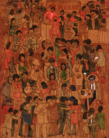A piece of leather carved and painted to show the inside of an African-American dance hall. Men dressed in suits with fedoras and women in dresses dance together in a crowd, while a band plays in the front of the room at the very top of the work.