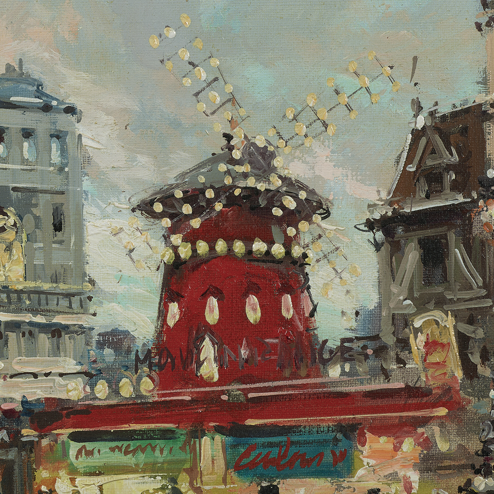 detail of a painting showing the top of the Moulin Rouge