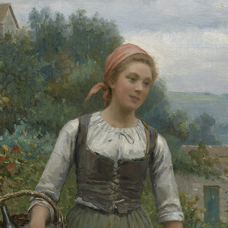 detail of a Daniel Ridgway Knight painting showing a woman in a landscape