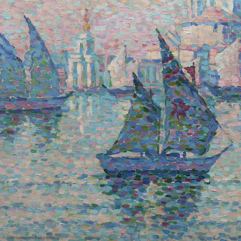 pointillist painting of ship in Venice