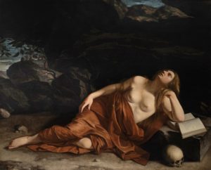 Saint Mary Magdalene lays with bare breast in the wilderness along with the open book and the skull (typical symbols of Mary Magdalene). This scene follows in the medieval tradition of stories from Mary Magdalene's life after Christ's crucifixion.