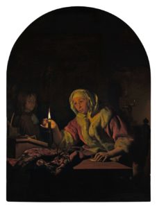 A dark domestic scene of a woman sitting at a desk by candlelight melting wax to seal a letter. A boy, probably her son, looks on in the background.