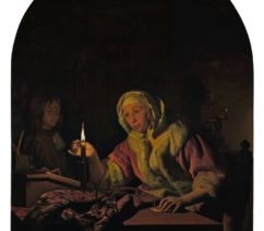 A dark domestic scene of a woman sitting at a desk by candlelight melting wax to seal a letter. A boy, probably her son, looks on in the background.