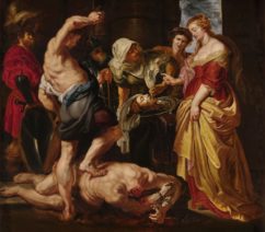 A 17th century painting of a biblical scene showing the aftermath of St. John the Baptist's execution. The saint lay headless on the floor, with the executioner resting his foot on the saint's back while he sheaths his sword. Several soldiers look on in the background, while Salome's maidservant presents her with the saint's head on a plate, while she also pulls his tongue from his mouth.