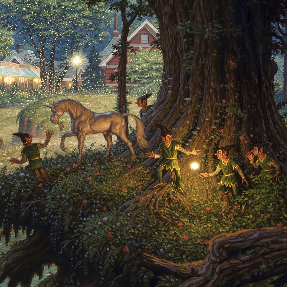 A fantasy scene with elves and unicorns in Central Park