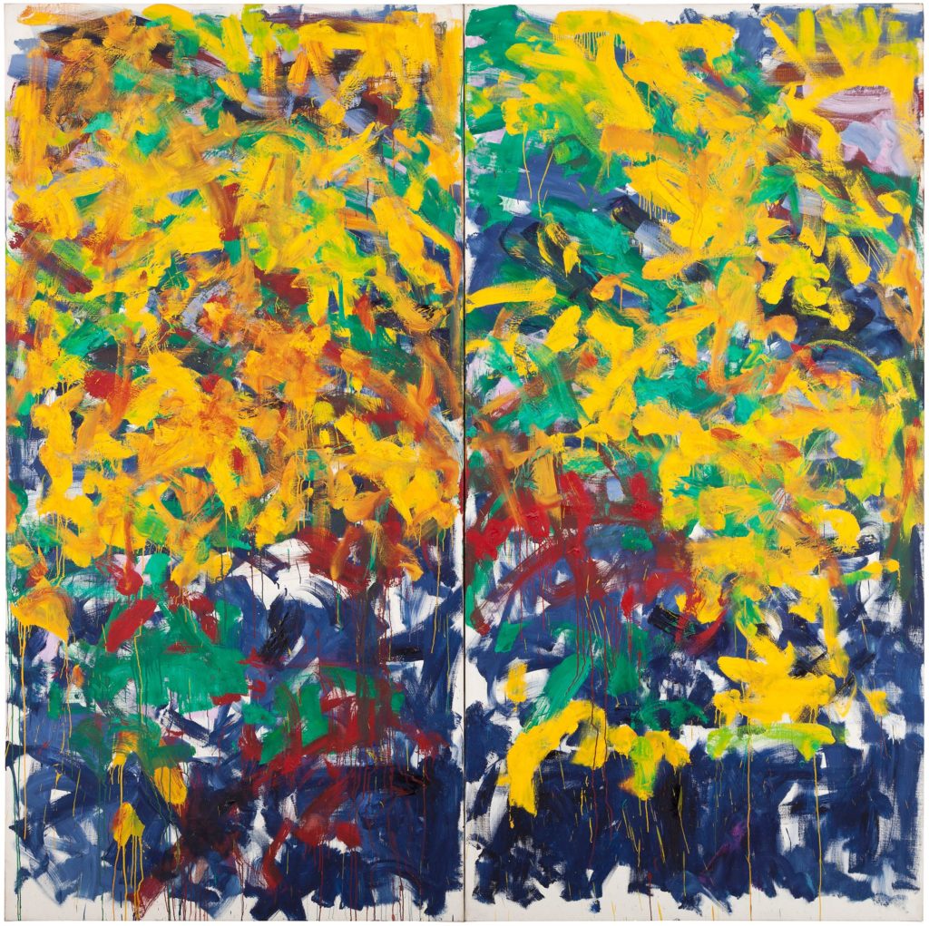 An abstract painting reportedly inspired by a friend's story of a childhood paradise. Most of the canvas is yellow with spots of green, almost like flowers, with varying shades of blue along the bottom quarter.