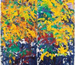 An abstract painting reportedly inspired by a friend's story of a childhood paradise. Most of the canvas is yellow with spots of green, almost like flowers, with varying shades of blue along the bottom quarter.
