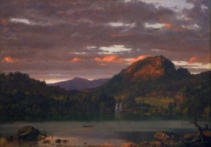 A landscape painting of a mountain rising off in the distance on the right-hand side, illuminated by the dull orange glow of the either rising or setting sun. An area of dense forest surrounds the peak, while a lake with a single canoe lays in the foreground.