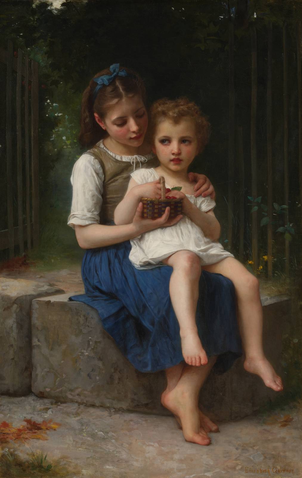 Two young kids seated on a stone step - Elizabeth Bouguereau