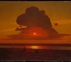 A red sunset refracted by the clouds over a large expanse of river plain of the Dnieper in Ukraine.