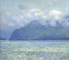 An impressionist painting showing a promontory painted mainly in blues and greens shrouded in mist and cloud across a body of water.