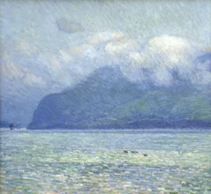 An impressionist painting showing a promontory painted mainly in blues and greens shrouded in mist and cloud across a body of water.