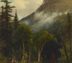 A landscape painting of a wooded area, with a mountain draped in mist rising off in the distance. At the top of the mountain, a rocky outcropping resembling a person's face in profile stands out as New Hampshire's Old Man of the Mountain