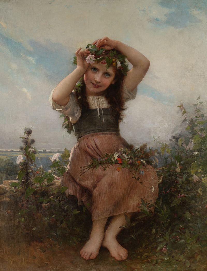 Young girl in a landscape putting flowers in her hair - Perrault