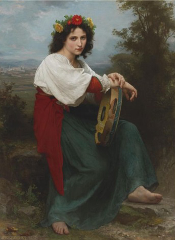 Woman in a landscape holding a tambourine - Bouguereau