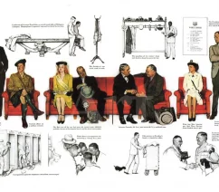 An illustration showing a group of people waiting on red couches and chairs, including multiple men in suits, a British officer in a kilt, and a red-headed woman in a yellow dress and a sash reading "Miss America". The illustration is Norman Rockwell's depiction of people waiting for an meeting with president Franklin D. Roosevelt.