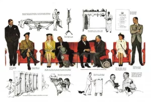 An illustration showing a group of people waiting on red couches and chairs, including multiple men in suits, a British officer in a kilt, and a red-headed woman in a yellow dress and a sash reading "Miss America". The illustration is Norman Rockwell's depiction of people waiting for an meeting with president Franklin D. Roosevelt.