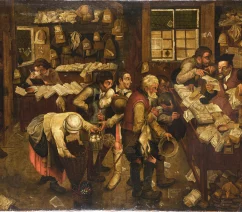 A chaotic scene of a village lawyer's office. The well-dressed lawyer is inspecting some paperwork, while village farmers line up to pay their taxes, bringing both money and agricultural goods.