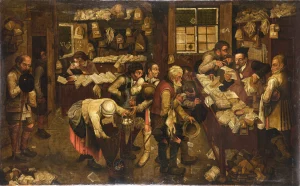 A chaotic scene of a village lawyer's office. The well-dressed lawyer is inspecting some paperwork, while village farmers line up to pay their taxes, bringing both money and agricultural goods.