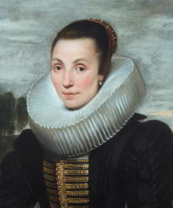 Portrait of a lady wearing a large ruff and pearl earrings against an overcast sky background.