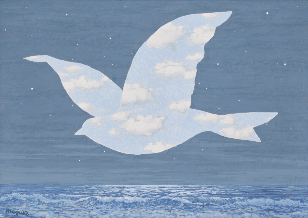 A gouache work on paper showing the outline of a flying bird filled in with bright, cloudy sky. This is set against a darker, starry sky over an ocean.