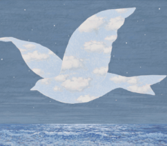 A gouache work on paper showing the outline of a flying bird filled in with bright, cloudy sky. This is set against a darker, starry sky over an ocean.