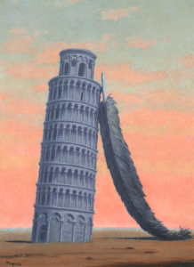 An oil painting of the Leaning Tower of Pisa with an equal-sized grey feather leaning against one another against a warm, reddish-orange sky