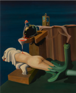 A painting of a surrealist sewing machine: an armless, feminine naked body lays belly-down with a white sheet over its head. Red liquid, possibly blood, runs through a funnel onto their back, with the structure holding the funnel resembling a sewing machine. This makes the stream of blood reminiscent of red thread. The body's feet are being fed into a mound of plants and grass, but rises up to connect with the structure of the machine, creating a cycle of creation and destruction against a dark blue background.