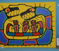 A painting in an indigenous Canadian style of several blue and red creatures on a yellow background.