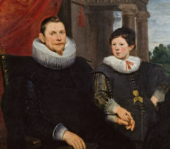 A double portrait of a father and son, both dressed in black wearing ruffs. The young son gently holds the father's hand as the two look directly at the viewer. The background consists of a colonnade, an overcast sky, and a line of poplar trees.