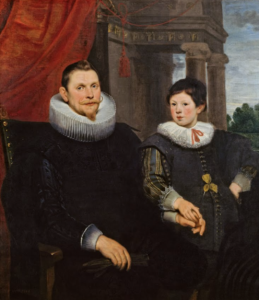 A double portrait of a father and son, both dressed in black wearing ruffs. The young son gently holds the father's hand as the two look directly at the viewer. The background consists of a colonnade, an overcast sky, and a line of poplar trees.
