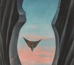 A painting showing two black, rocky outcroppings flanking the sides rising up, pulling all attention towards a small, brown bird with its wings extended against a red and blue sky, probably either at dawn or dusk.