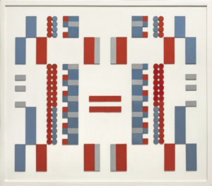 A symmetrical design of red, blue, and gray squares and rectangles against a framed white background.