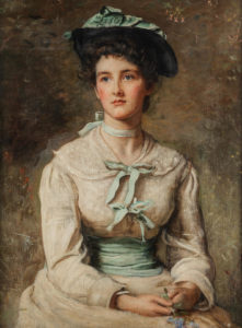 A portrait of a young woman in a white and teal dress against a muted brown and green background