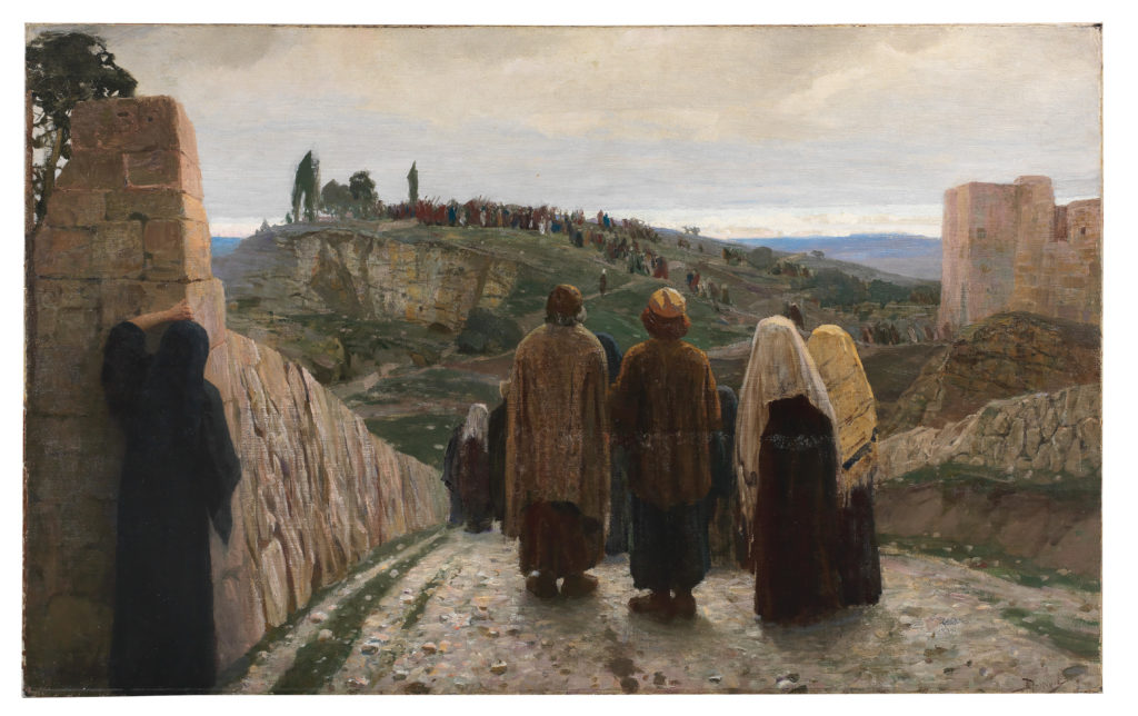 A group of men and women in ancient dress with their backs turned to the viewer. They look down the road beyond the city walls to a hilltop, where many people are gathered. They watch Roman soldiers escort convicts, including Jesus Christ, to their crucifixion site.