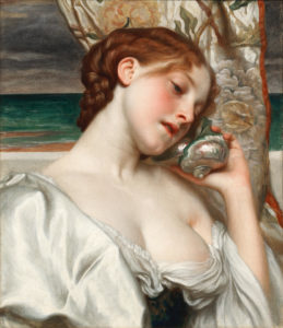 A half-length portrait of a young, pale-skinned woman with reddish-brown hair holding a seashell up to her ear. She sits against a backdrop of a blue-green seashore and darkening clouds beyond.