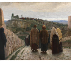 A group of men and women in ancient dress with their backs turned to the viewer. They look down the road beyond the city walls to a hilltop, where many people are gathered. They watch Roman soldiers escort convicts, including Jesus Christ, to their crucifixion site.