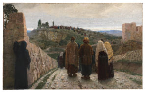 A group of men and women in ancient dress with their backs turned to the viewer. They look down the road beyond the city walls to a hilltop, where many people are gathered. They watch Roman soldiers escort convicts, including Jesus Christ, to their crucifixion site.